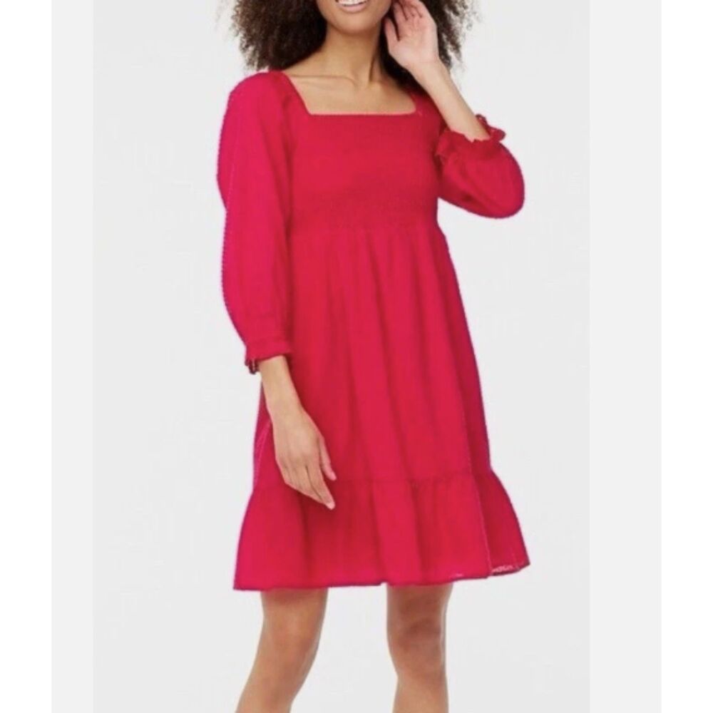 J. Crew Factory Smocked Clip-Dot Puff-Sleeve Mini Dress Size Large Red Milkmaid